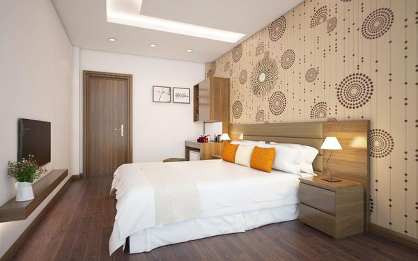 Chất liệu gỗ được trang trí bằng hoa văn của phòng ngủ khách sạn Bel Ami
