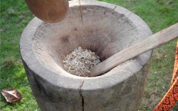 Sau khi rang lúa xong, tiến hành cho lúa vào cối bồng, dùng chày giã từng nhịp để thu được những hạt cốm dẻo thơm