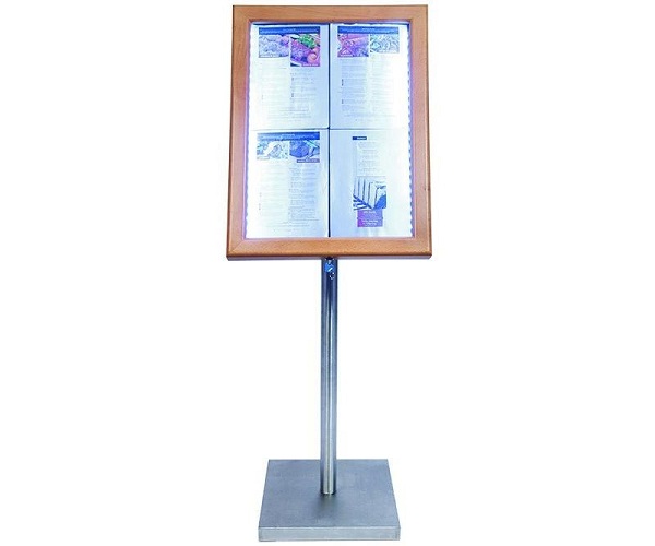 Một mẫu bảng menu được cấu tạo từ chất liệu inox sáng bóng và gỗ thanh lịch