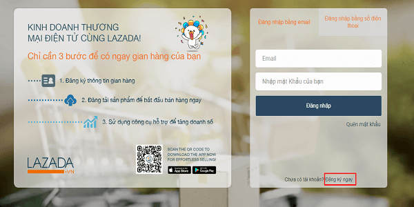 Đăng nhập vào lazada seller hoặc đăng ký tài khoản mới