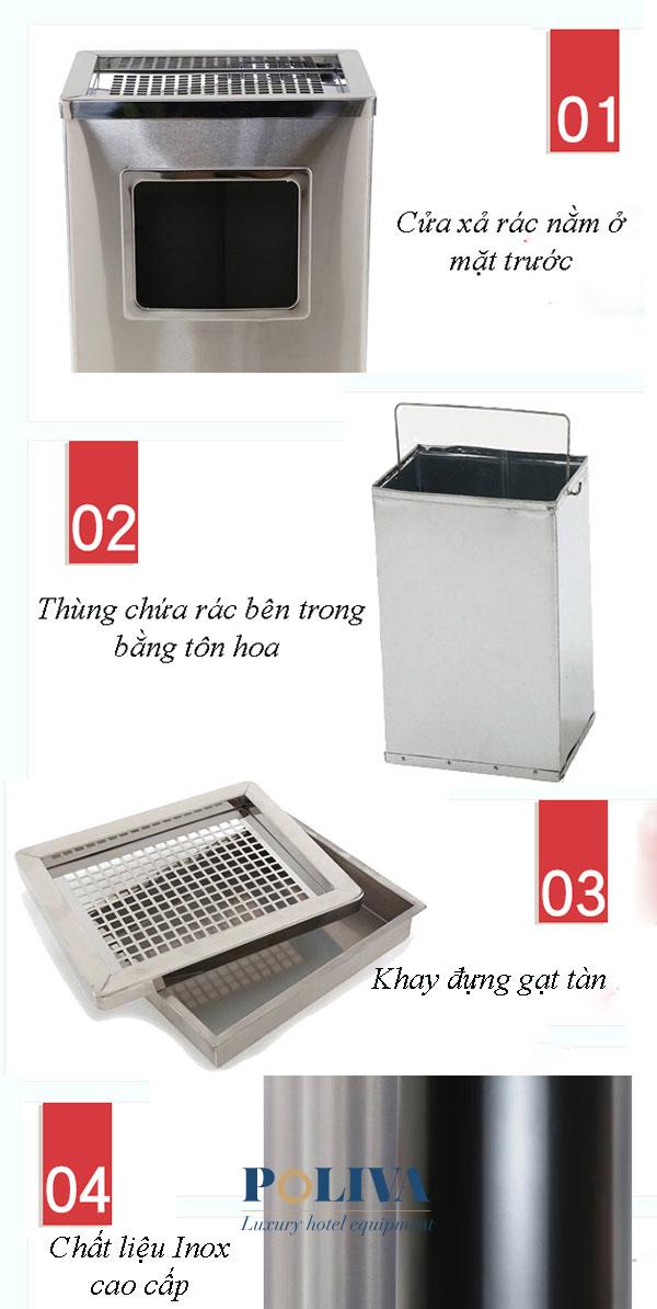 Chi tiết thùng rác inox chữ nhật có gạt tàn