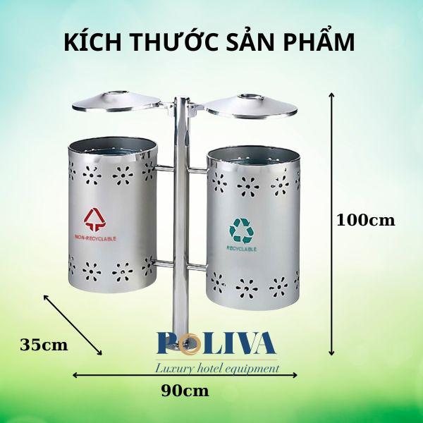 Hình anh mô tả kích thước của thùng rác inox đôi ngoài trời