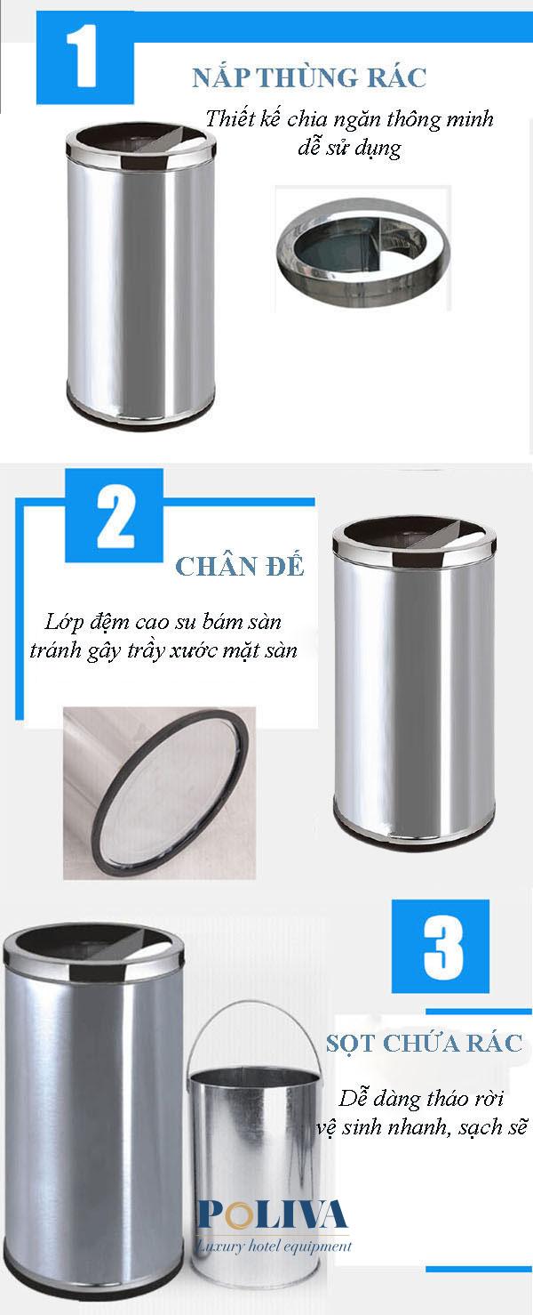 Chi tiết thiết kế, chất liệu của thùng rác trụ tròn inox có gạt tàn