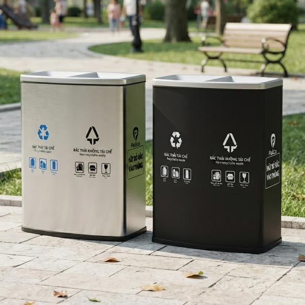 Thùng rác 2 ngăn không nắp ngoài trời