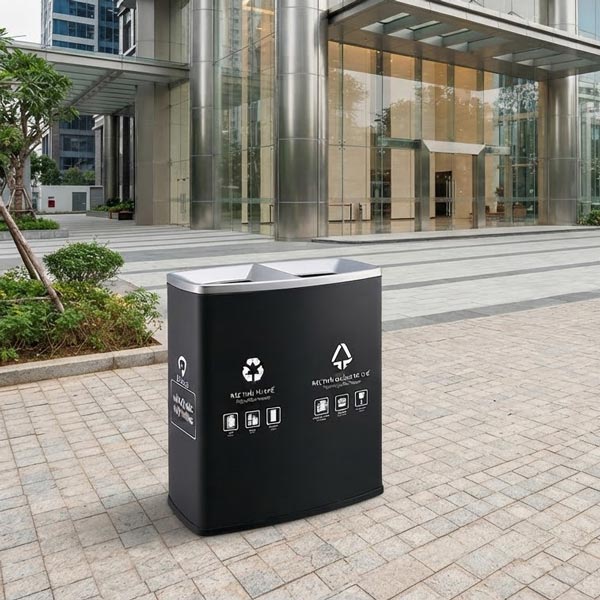 Thùng rác 2 ngăn ngoài trời với 2 màu sắc