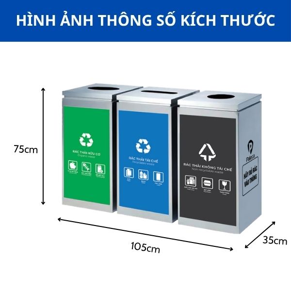 Kích thước thùng rác 3 ngăn inox ngoài trời