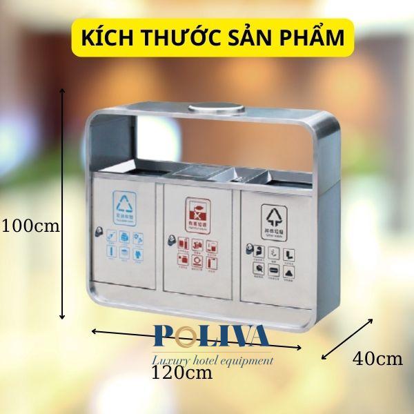 Hình ảnh mô tả kích thước thùng rác inox 3 ngăn ngoài trời 