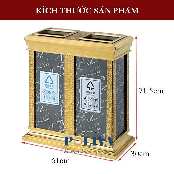 Hình ảnh thông số kích thước thùng rác 2 ngăn inox mạ vàng 