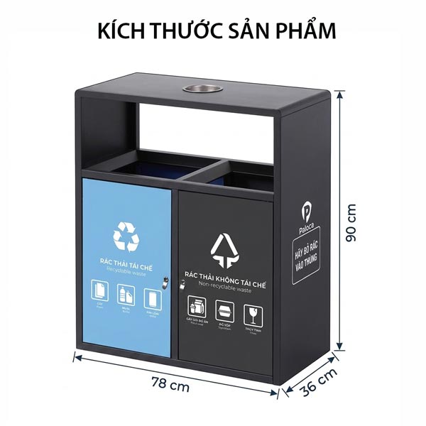 Kích thước thùng rác ngoài trời 2 ngăn màu đen