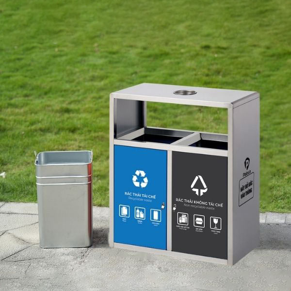Thùng rác ngoài trời 2 ngăn màu trắng
