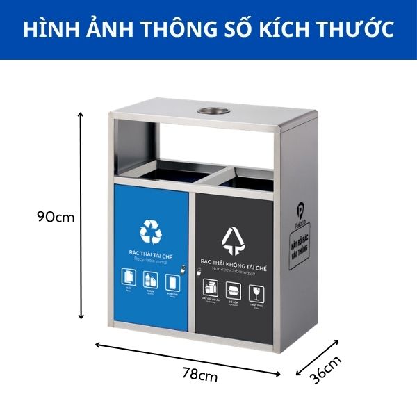 Kích thước thùng rác ngoài trời 2 ngăn màu trắng