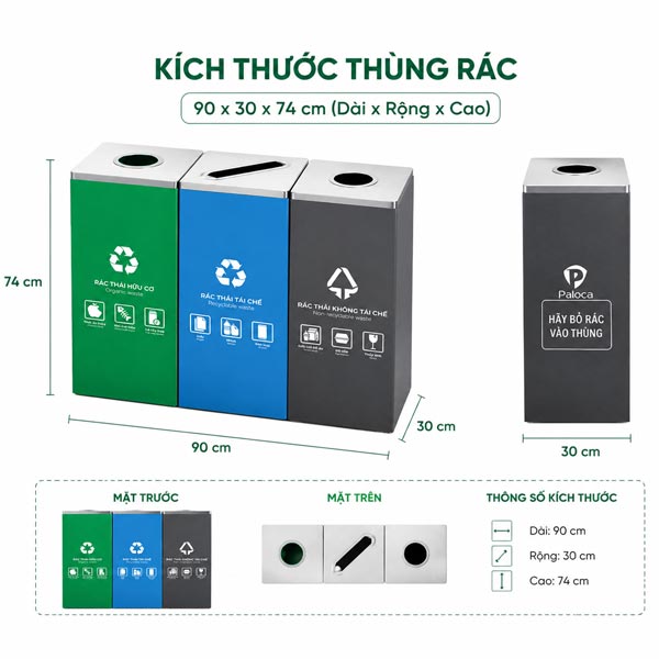 Hình ảnh kích thước thùng rác phân loại 3 ngăn