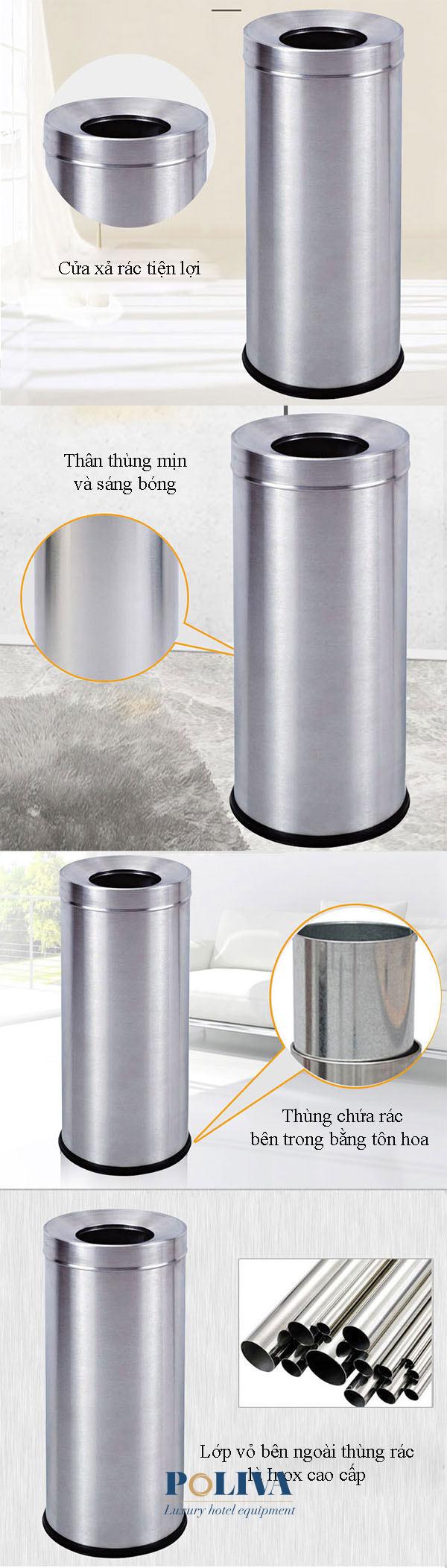 Hình ảnh mô tả đặc điểm của thùng rác inox tròn