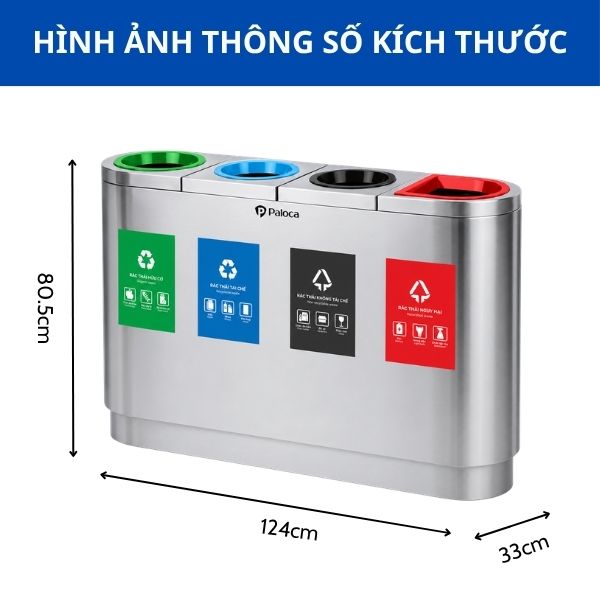 Kích thước thùng đựng rác công cộng ngoài trời 4 ngăn