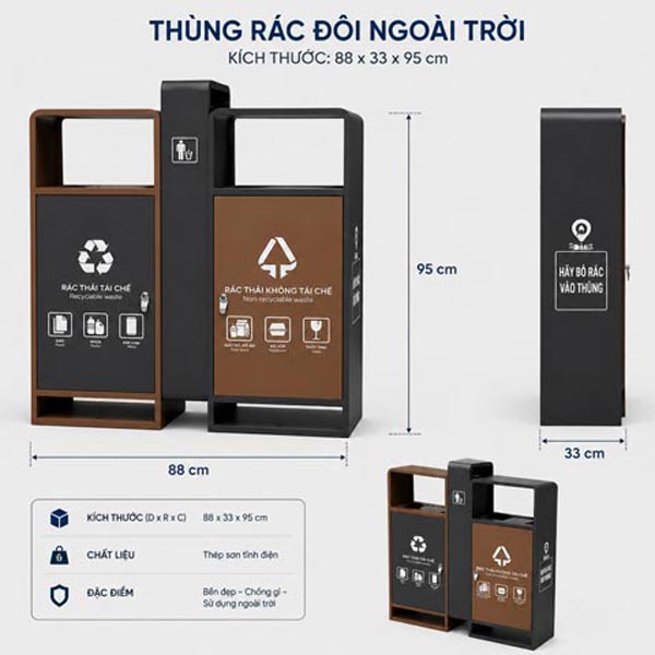 Kích thước thùng rác 2 ngăn thép phun sơn tĩnh điện