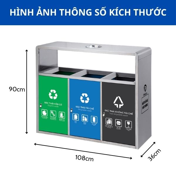 Kích thước thùng rác 3 ngăn ngoài trời màu trắng Paloca