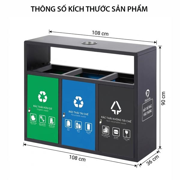 Kích thước thùng rác 3 ngăn ngoài trời màu đen Paloca