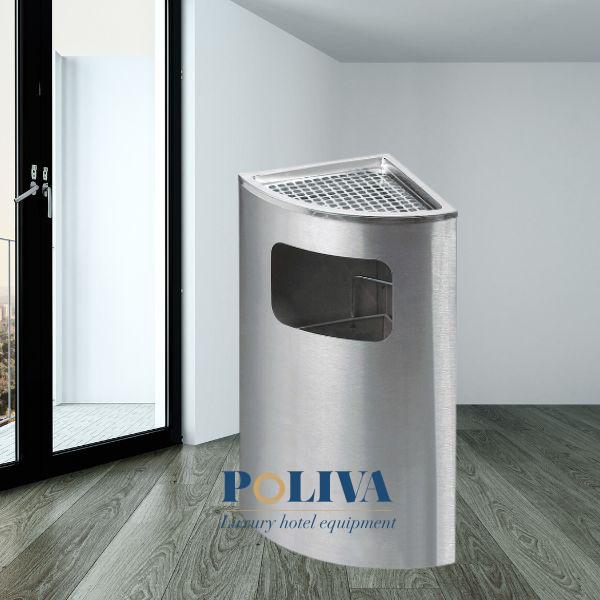 Thùng rác inox đặt góc có gạt tàn của Poliva