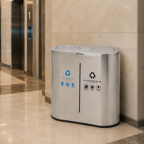 Thùng rác inox đôi nắp lật của Poliva