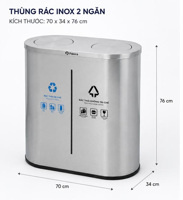 Kích thước thùng rác inox đôi nắp lật
