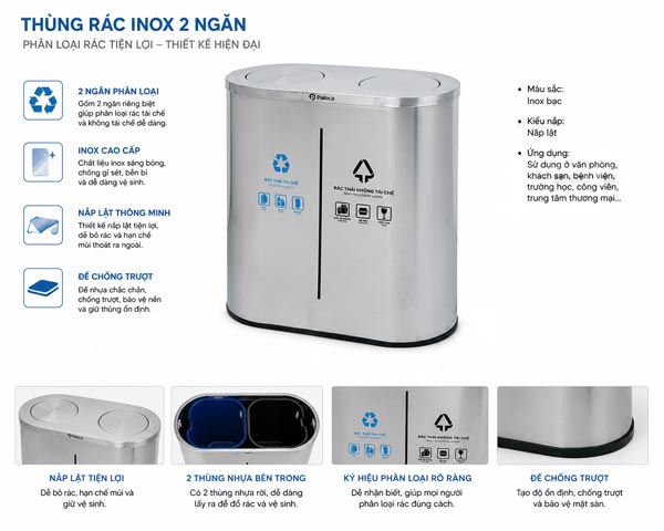 Hình ảnh mô tả thùng rác inox đôi ngoài trời nắp lật