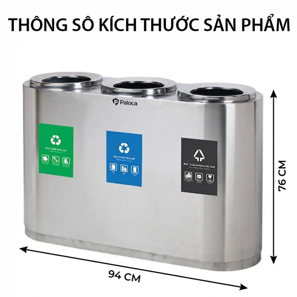 Kích thước thùng rác phân loại 3 ngăn inox