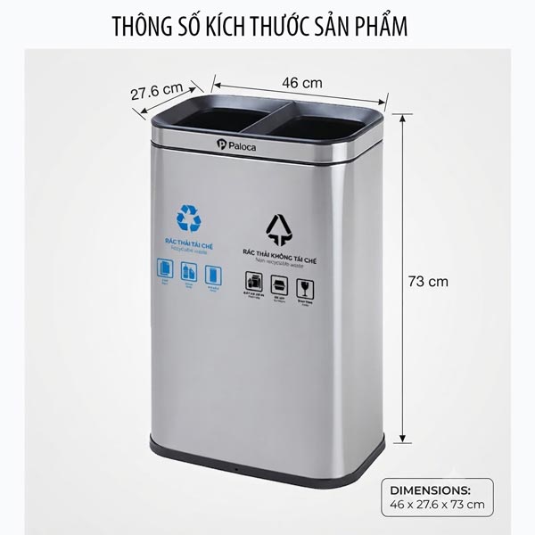 Thông số kích thướcthùng rác inox 2 ngăn văn phòng
