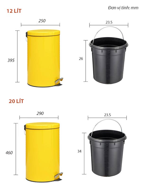 Hình ảnh kích thước thùng rác inox đạp chân