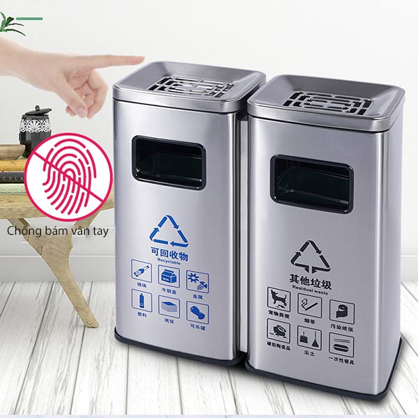 Thùng rác khách sạn 2 ngăn được làm từ inox xước chống bám vân tay hiệu quả