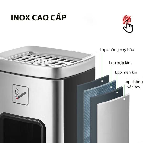 Lớp inox cao cấp, bảo vệ tốt thùng rác