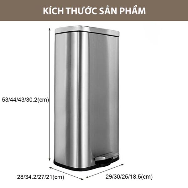 Thông số kích thước thùng rác inox vuông đạp chân