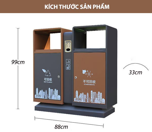 Kích thước thùng rác phân loại 2 ngăn có gạt tàn