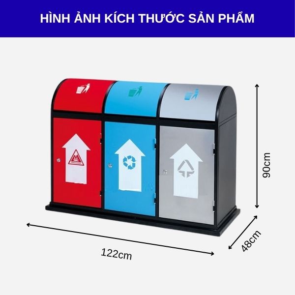 Thông số kích thước thùng rác thép 3 ngăn nắp bập bênh