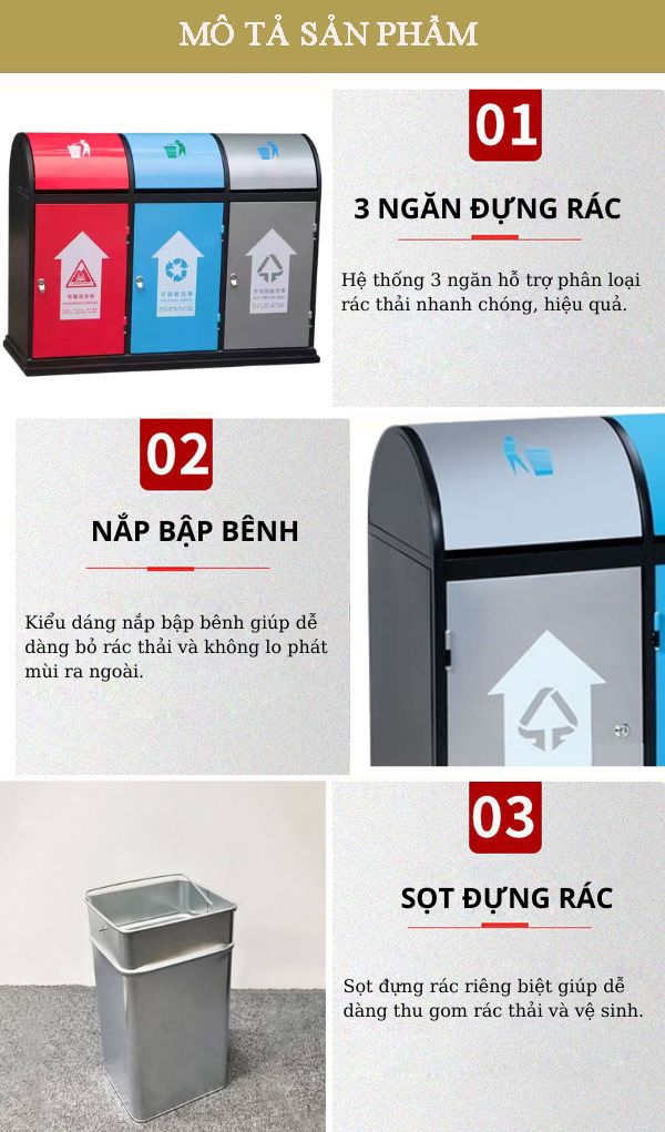 Hình ảnh mô tả chi tiết thùng rác 3 ngăn phân loại rác