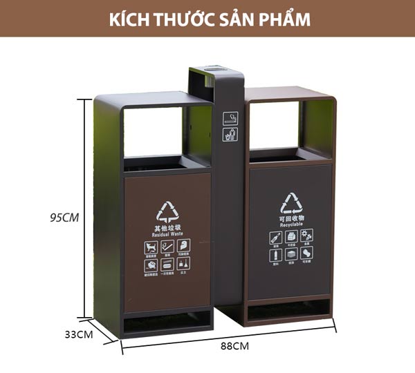 Kích thước thùng rác 2 ngăn có gạt tàn