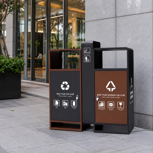 thùng rác phân loại 2 ngăn ngoài trời chất lượng cao, chống gỉ sét