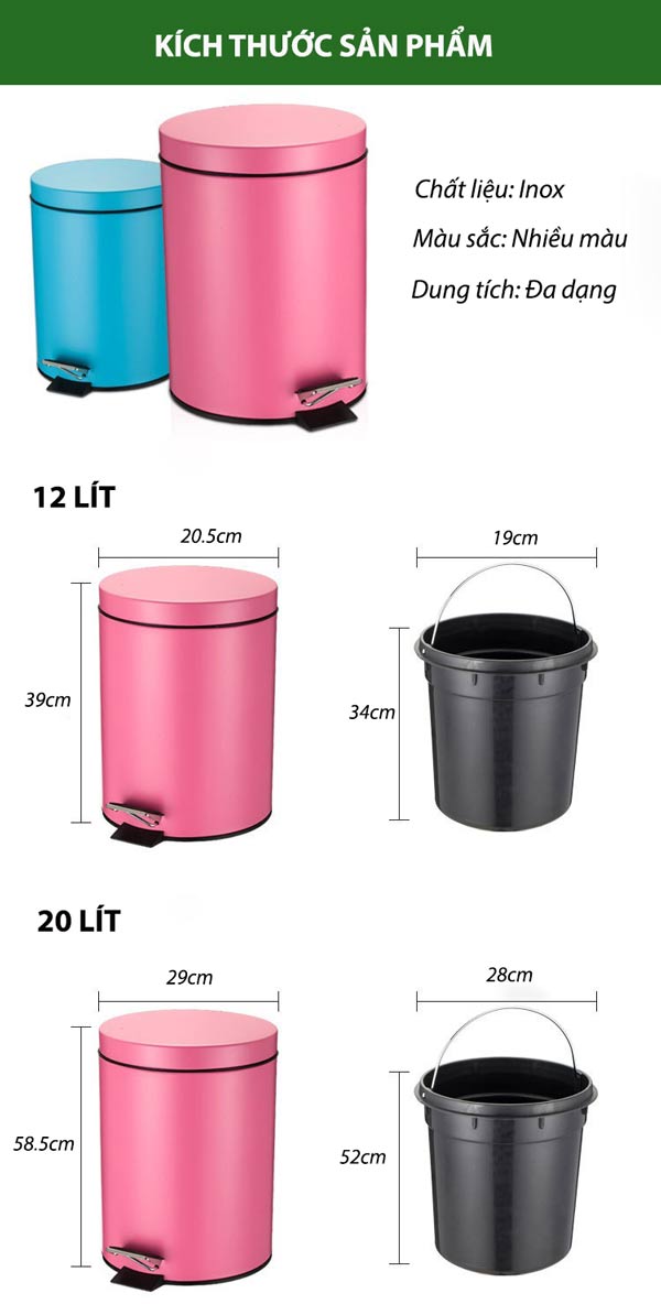 Thông số kích thước thùng rác inox đạp chân cao cấp
