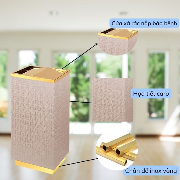 Hình ảnh mô tả chi tiết thùng rác sảnh khách san inox có gạt tàn
