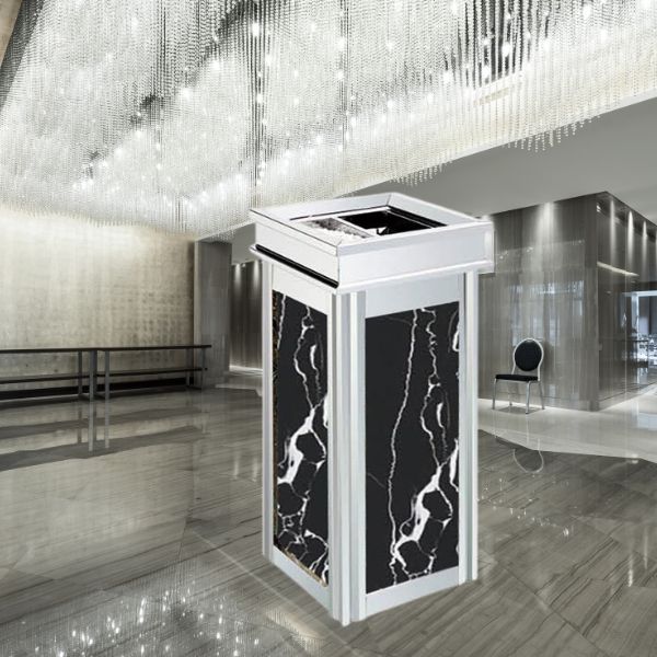 Thùng rác đá hoa cương đen inox trắng sảnh khách sạn