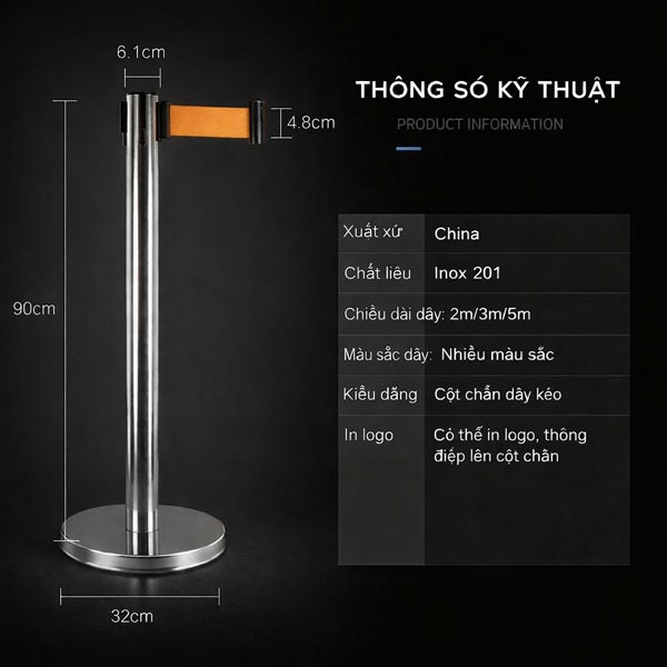 Kích thước cột chắn inox dây căng màu cam