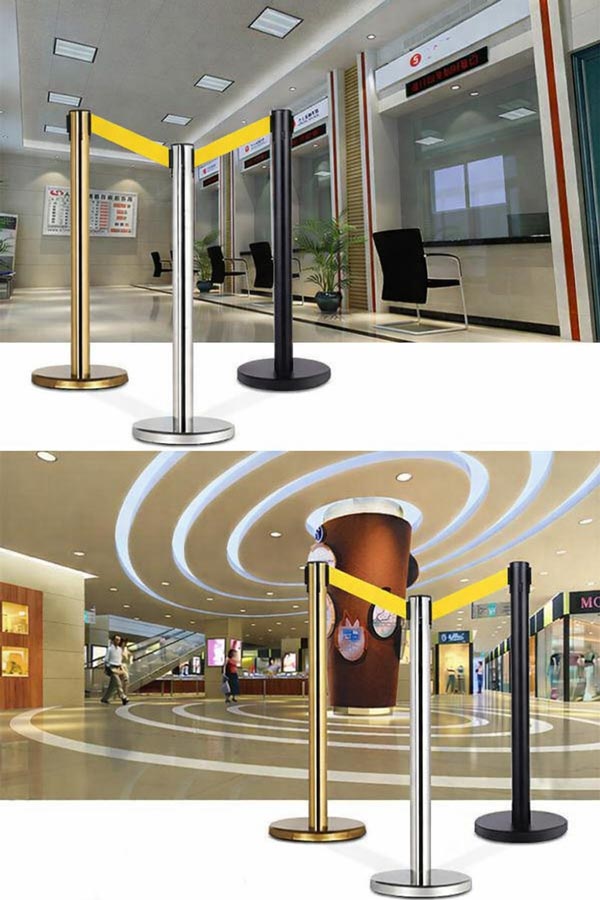 Cột chắn inox dây căng màu vàng kết hợp với nhau để tạo thành hàng rào chắn linh hoạt