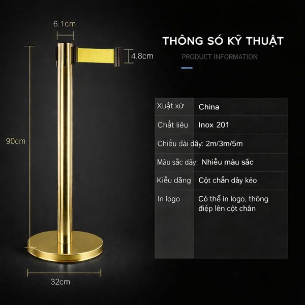 Kích thước cột chắn inox dây căng màu vàng