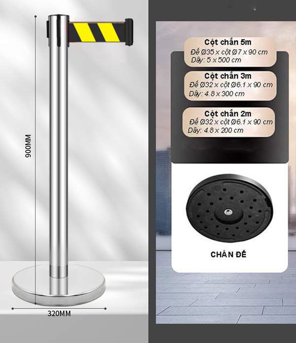 Kích thước cột chắn inox dây rút màu vàng đen