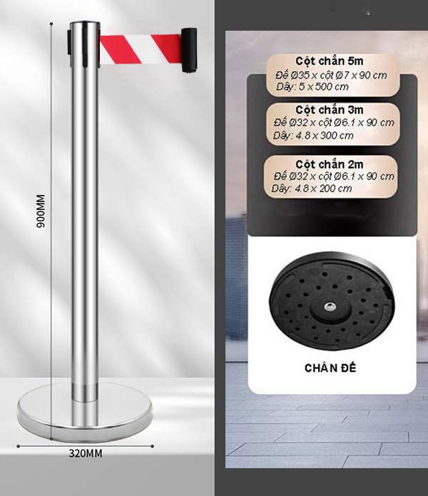 Kích thước cột chắn inox dây trắng sọc đỏ