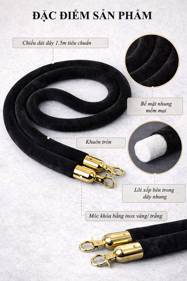 Hình ảnh mô tả dây nhung đen cho cột chắn inox