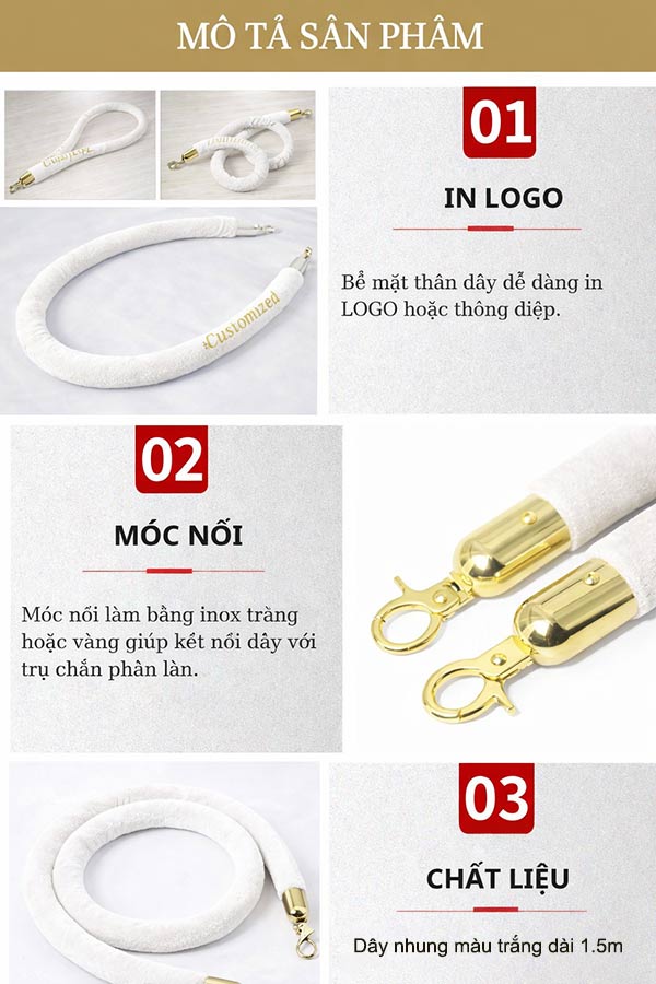 Hình ảnh mô tả dây nhung cột chắn màu trắng móc inox vàng