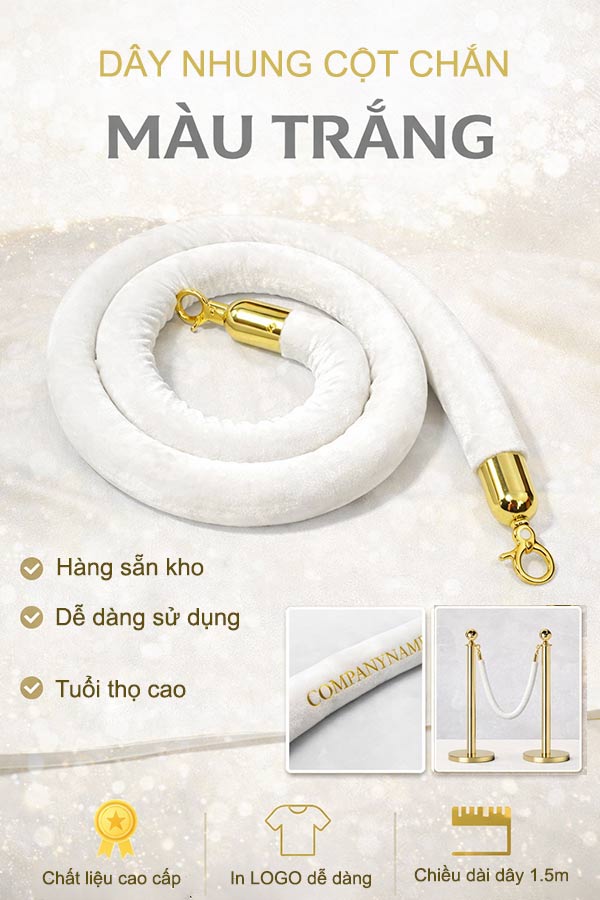 Thông số kích thước dây nhung màu trắng khóa inox vàng
