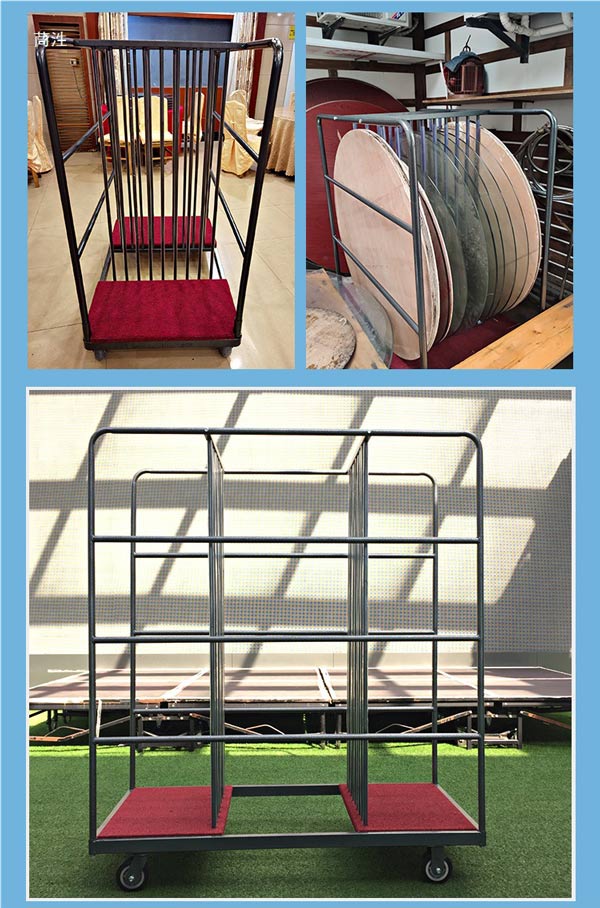 Xe đẩy mâm xoay bàn tiệc có kích thước lớn, các thanh chắn giúp cố định bảo vệ mâm kính 