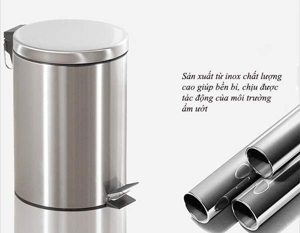 Thùng rác trong phòng đạp chân 3l được làm từ inox cao cấp chống nước, gỉ sét tốt