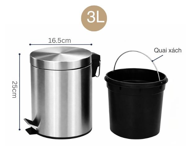 Kích thước thùng rác inox đạp chân 3l